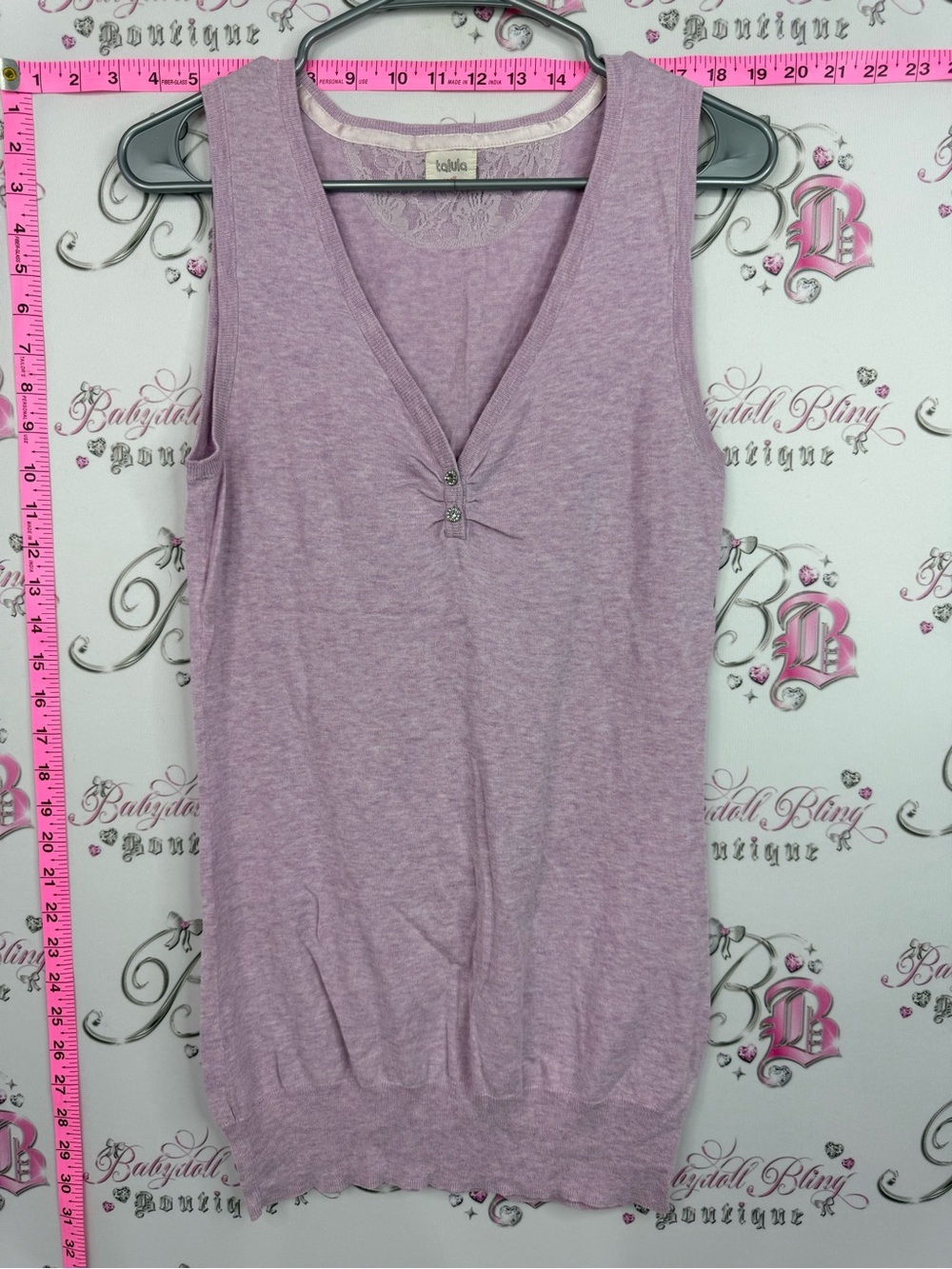 Talula Dusty Lavender Sleeveless V-Neck Knit Top rhinestone buttons